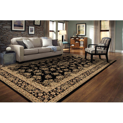 Tapis floral / botanique transitionnel noir / beige Izmir Collection