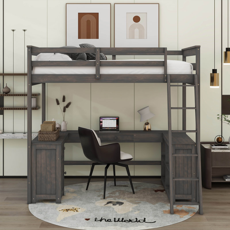 Full Size Loft Bed With U-Shaped Desk, Drawers And Shelves, Antique Brown