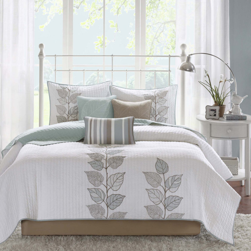 Ensemble de courtepointe brodée 6 pièces avec coussins décoratifs bleu complet