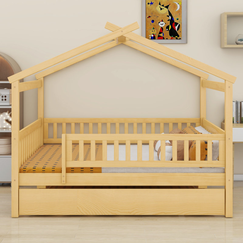 Wooden House Bed With Trundle, Natural