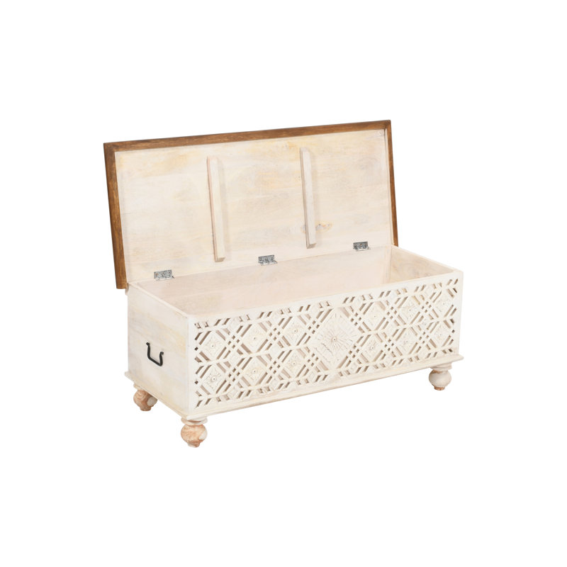 Hand-carved Solid Wood Bench Trunk With Geometric Cut Out Design.