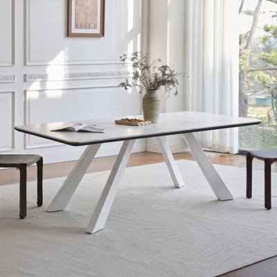 78.74" White Sintered Stone Dining Table, Modern Rectangular Kitchen Table with Angled Legs
