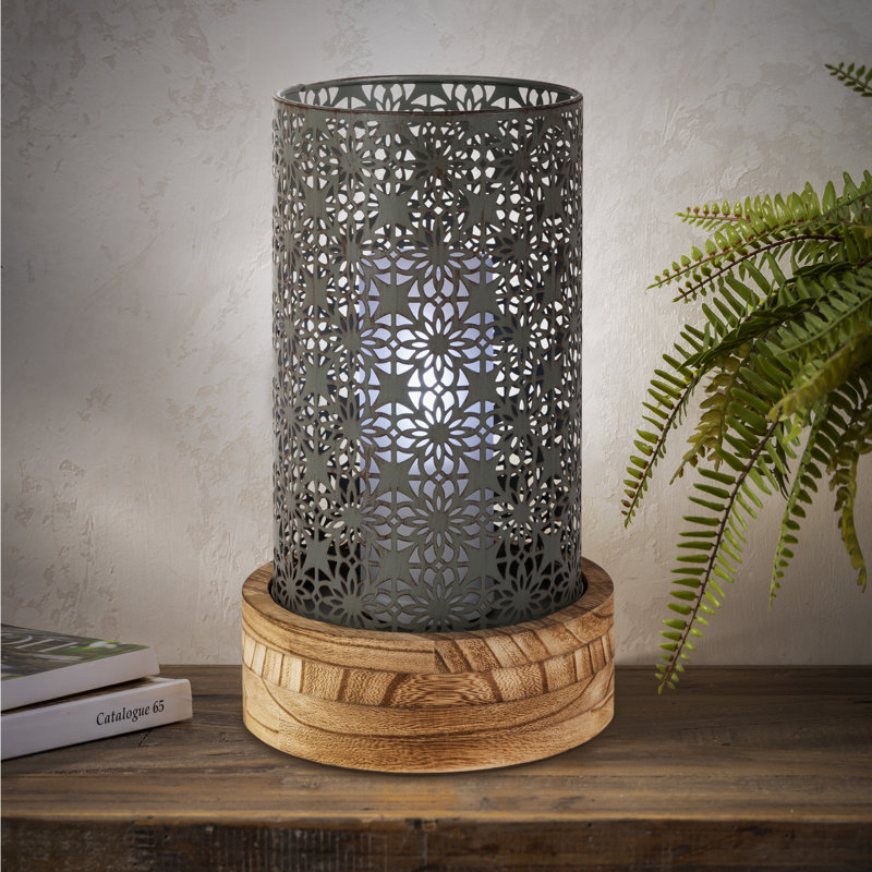 12.2 in H Metal Rustic Brown Cylinder Lantern with Wooden Base