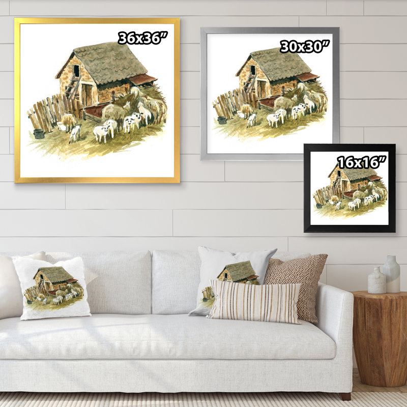 Vieille ferme avec moutons - Peinture sur toile, H 36 po x l 36 po, Cadre photo blanc
