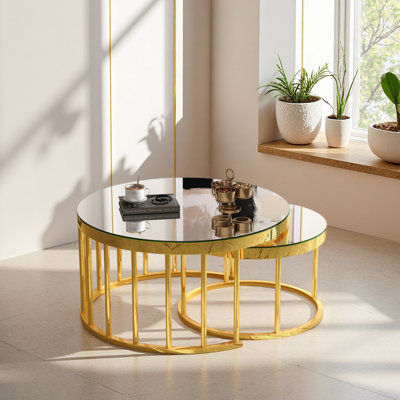 Round Nesting Coffee Table Set of 2, Modern Metal Frame Circular Cocktail Table, Tempered Glass Top Accent Nesting Tables for Living Room, Apartment