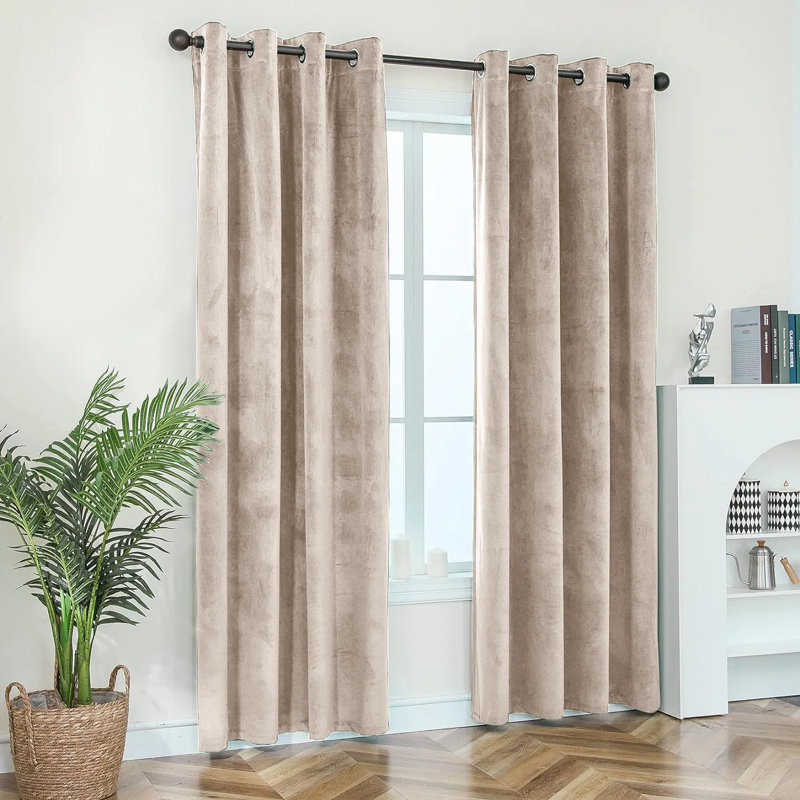Crushed Velvet Eyelet Ready Made Thermal Drape & Curtain, 168cm Width x 228cm Drop, Beige