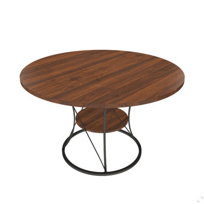 43 Inch Round Dining Table For 4-6, Expandable Farmhouse Kitchen Table With Storage Shelf & Metal Base, Brown & Black Extendable Wood Table From 43 To 59 Inch, Large Round Table For Home (No Chairs)