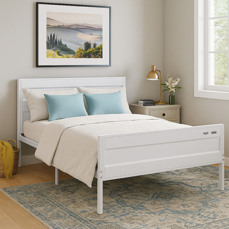 Egon Metal Bed, Cargo Container Style, Rectangular Headboard & Footboard, Full, White