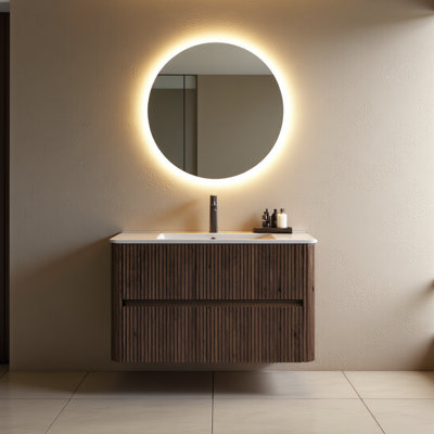 Meuble-lavabo de 36 po avec lavabo, armoire de rangement murale en contreplaqué flottant avec 2 tiroirs, lavabo en céramique blanche, sans robinet, pré-assemblé, couleur grain de bois noyer rétro