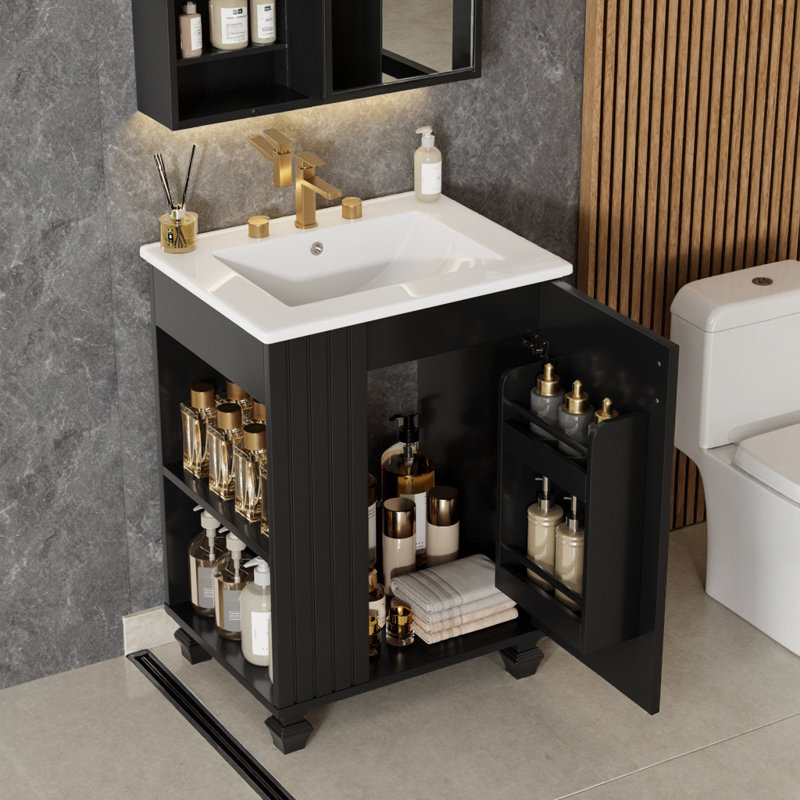 Meuble-lavabo classique 24 po avec lavabo en céramique et grand rangement noir, Noir