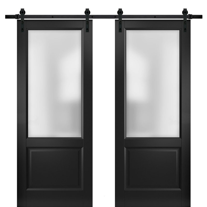 Portes de grange intérieures en verre givré Lucia avec ensemble de quincaillerie d'installation, 72 po x 96 po, Noir