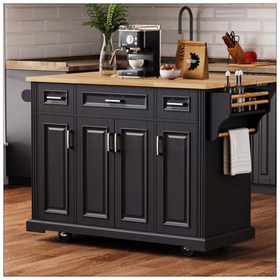 Large Kitchen Island With Rubber Wood Drop Leaf, Embossed Texture, And Ample Storage On Wheels For Modern Kitchens