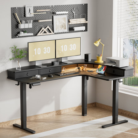 Meachie 63" Adjustable L Shaped Computer Standing Desk with 3 Drawers & Power Outlets & LED Lights