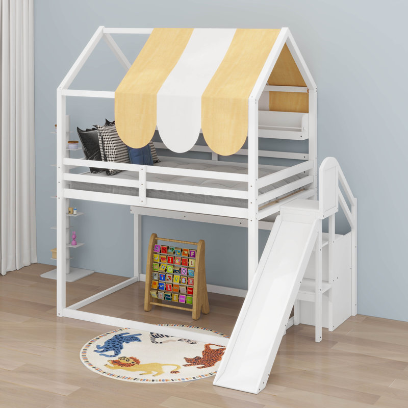 Full Size House Loft Bed With Canopy & Slide, Built-In Bookshelves, Playhouse Loft Bed With Storage, White