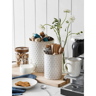 2-Piece Ceramic Utensil Holder Set (Large+Small) - Embossed Farmhouse Style, Dishwasher Safe for Kitchen Counter