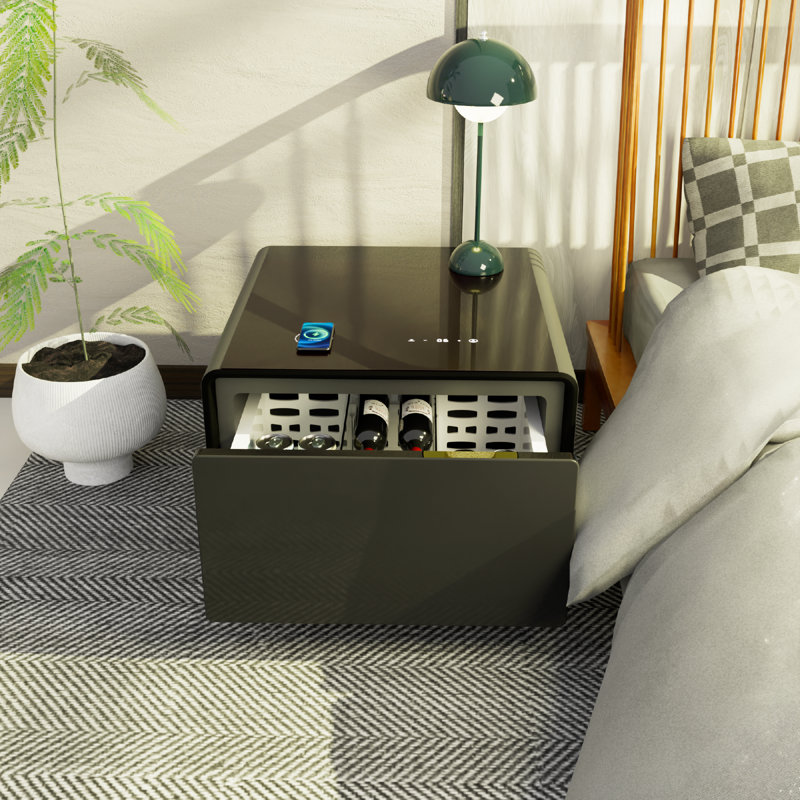 Black High Gloss Smart End Table with Fridge Drawer and Charging Station