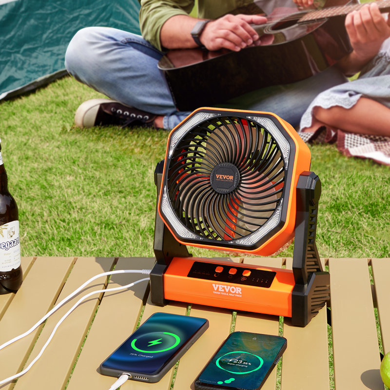 VEVOR 8-Inch Orange Rechargeable Desk Fan with LED Lantern