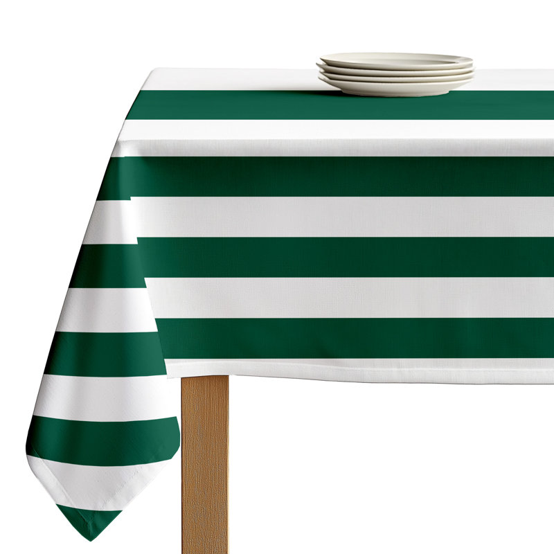 Caius Cabana Stripe Rectangular Washable Polyester Tablecloth for Dining Linen, Forest / White