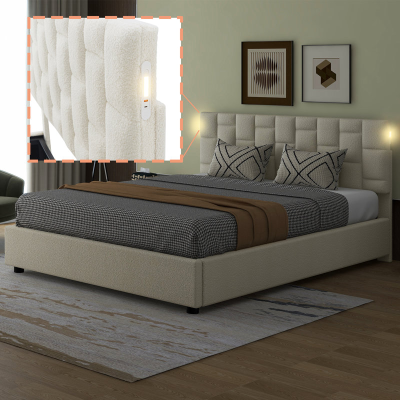 Lit plateforme tapissier grand Bradvale, Beige