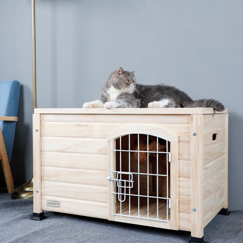 Niche pour chien d'intérieur avec plancher surélevé et fond antidérapant, niche pour chien en bois avec porte verrouillable en fer