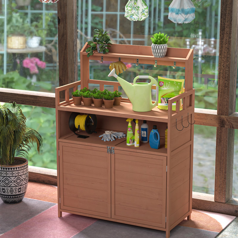 Potting Table For Garden With Shelf And Hooks Brown Outdoor Bench Storage Work Surface