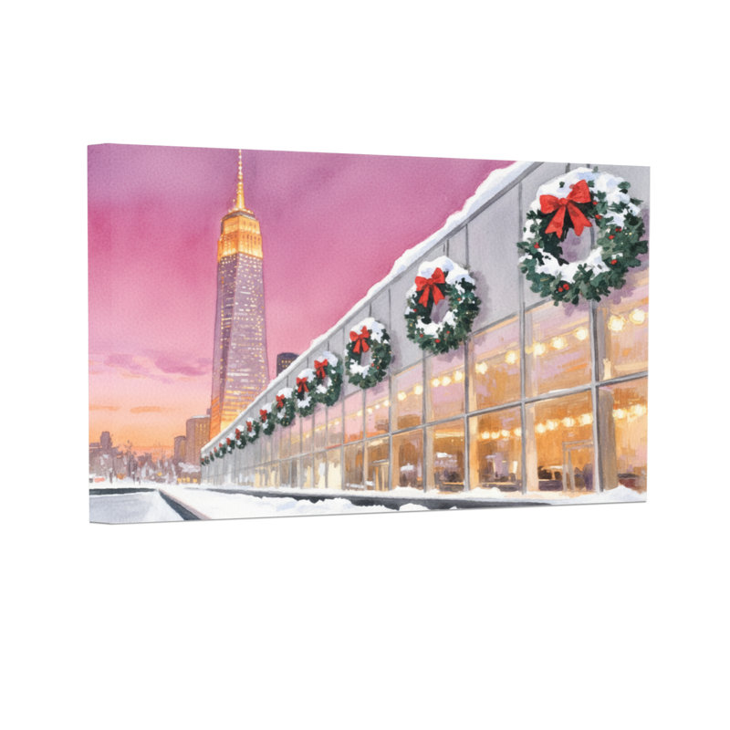Couronnes de Noël sur un édifice de la ville au crépuscule, H 12 po x l 18 po