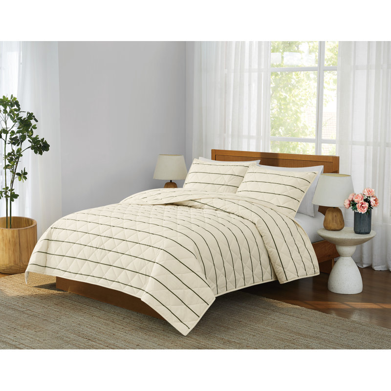 Brooklyn Loom Hayward Stripe Quilt Set, Ivory/Green, Queen Quilt + 2 Standard Shams