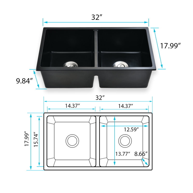 32" L X 18" W Black Quartz Double Bowl Undermount Sink - Heat , Stain Scratchproof, Rust Basket Strainer For Quick And Hassle- Drainage Kitchen Quartz, Sound Absorbing, Scratch Easy Flow