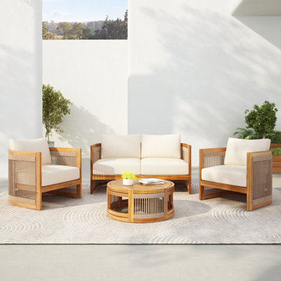 Ensemble de conversation de patio 4 pièces avec 2 chaises, causeuse et table, ensemble de meubles d'extérieur en bois d'acacia de qualité supérieure, conception de baignoire incurvée avec accents de corde tissée, coussins résistants à l'eau, fabrication de lattes toutes saisons