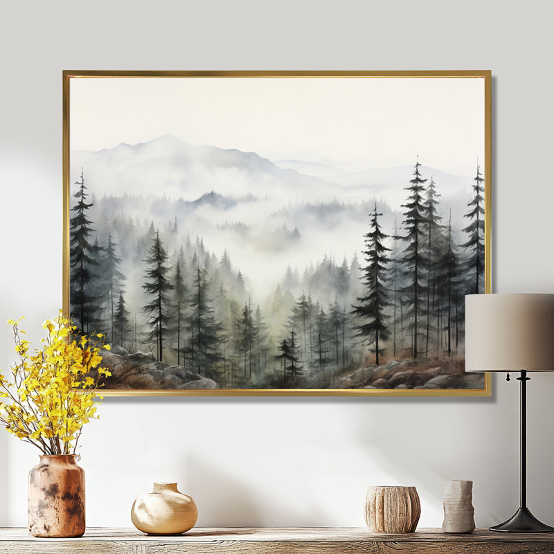 «Pine Misty Mountain II» sur toile, H 34 po x l 44 po, Reproduction avec cadre flottant, Or