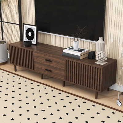 TV Stand with 2 Drawers, Slatted Door Cabinets and Cable Management