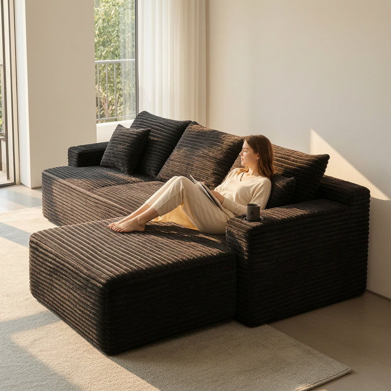 Canapé modulaire en L 96 po, Velours côtelé gris, Orienté à droite