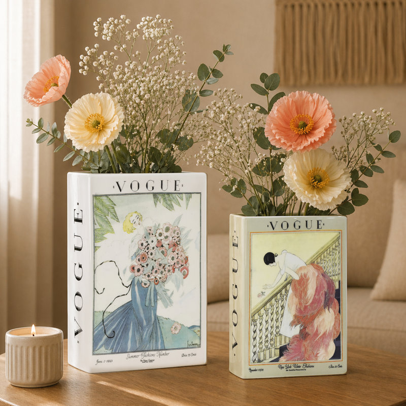 Ensemble de vase-livre en céramique à motifs vintage inspirés des couvertures de magazines de mode - Décoration d'inspiration mode