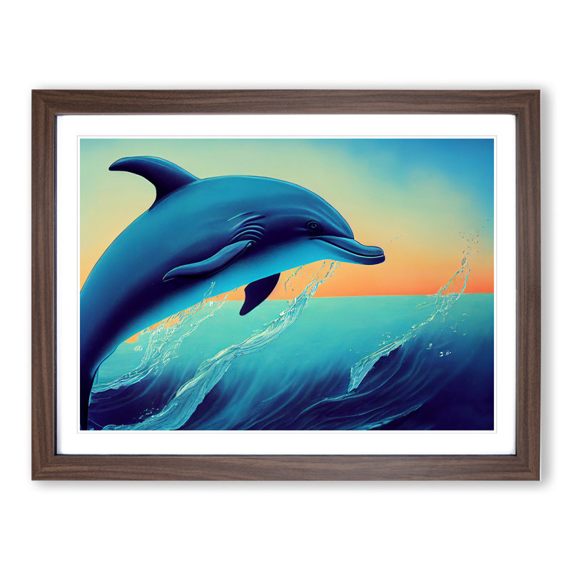 XH1022-2744X Dolphin At Sunrise - Single Picture Frame Painting, 46cm H x 64cm W x 2cm D, Walnut