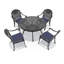 Ensemble de salle à manger d'extérieur rond en aluminium moulé de 5 pièces (122 cm) avec trou pour parasol, 4 chaises empilables et coussins bleus.