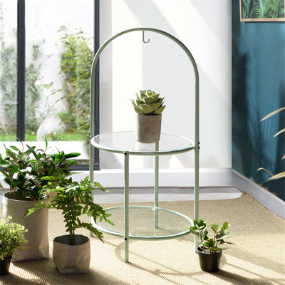 Table de bout en verre avec rangement, support pour plante ronde à plusieurs niveaux