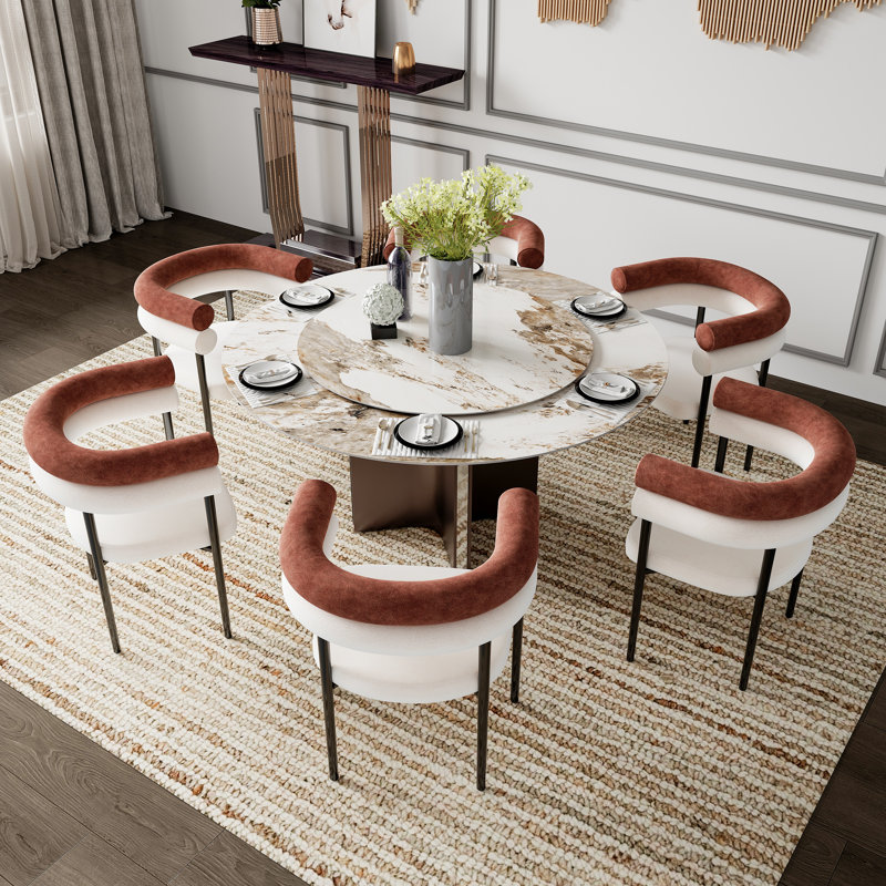 Ensemble de table de salle à manger 7 pièces avec 6 chaises, table ronde moderne en pierre frittée de 51 po avec plateau tournant