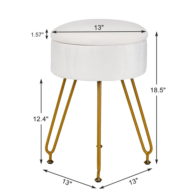 Round Ottoman Foot Stool With Storage Metal Legs For Living Room Bedroom, Velvet Upholstered Vanity Stool Footrest Modern Padded Seat