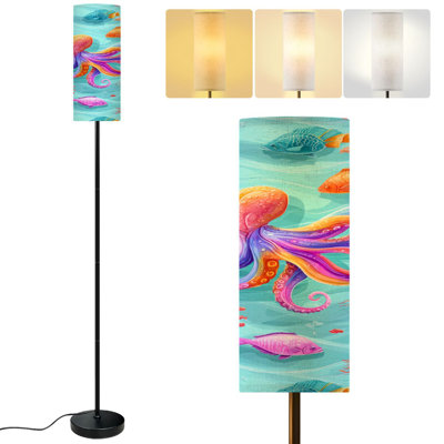  68.5" Standing Floor Lamp Cute summer sea seamless seaweed shells fish Ocean life tropical reef Dimmable Metal Pole Lamp with Linen Lampshade LED Bulb Included