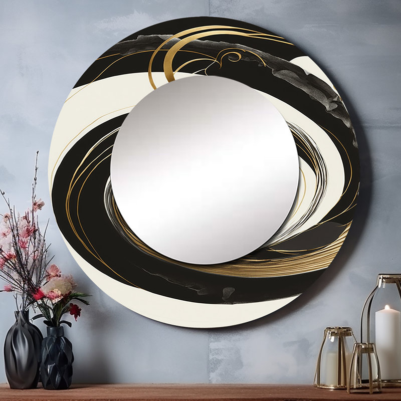 Raidi Black, Silver And Gold Blending Swirls II - Abstract Spirals Mirror, Black Round Decorative Wall Mirror, Printed Metal Art
