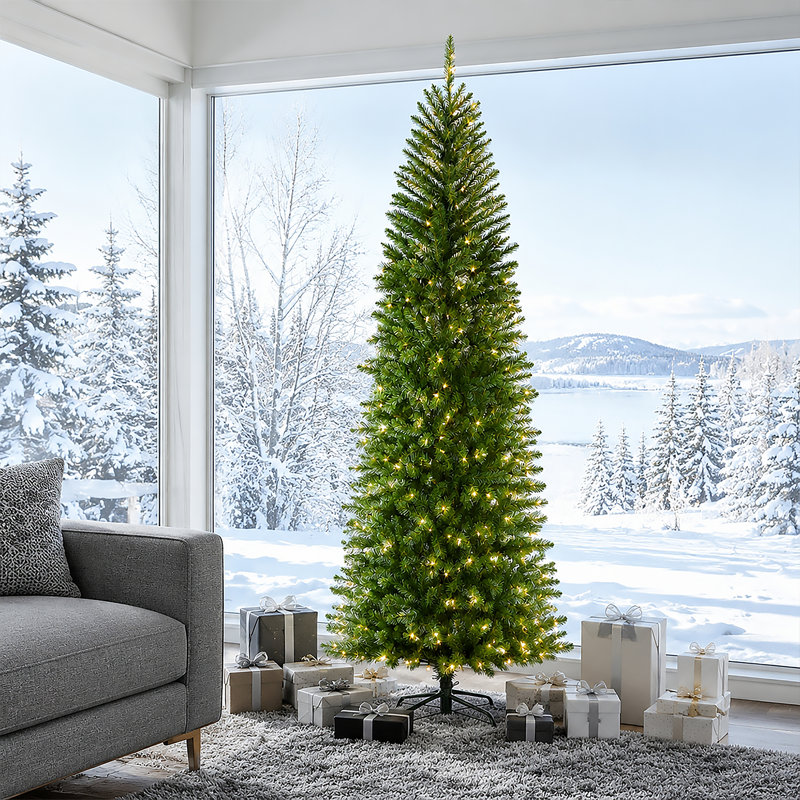 Pre-Lit Pencil Christmas Tree, 4.5-9ft Prelit Noble Fir Slim Artificial Tree with [100/150/200/250/300/450] Warm White LED Lights, [350/455/655/755/855/1,255] PVC Branch Tips, Perfect for Small Spaces & Corner Decor, Foldable Metal Stand