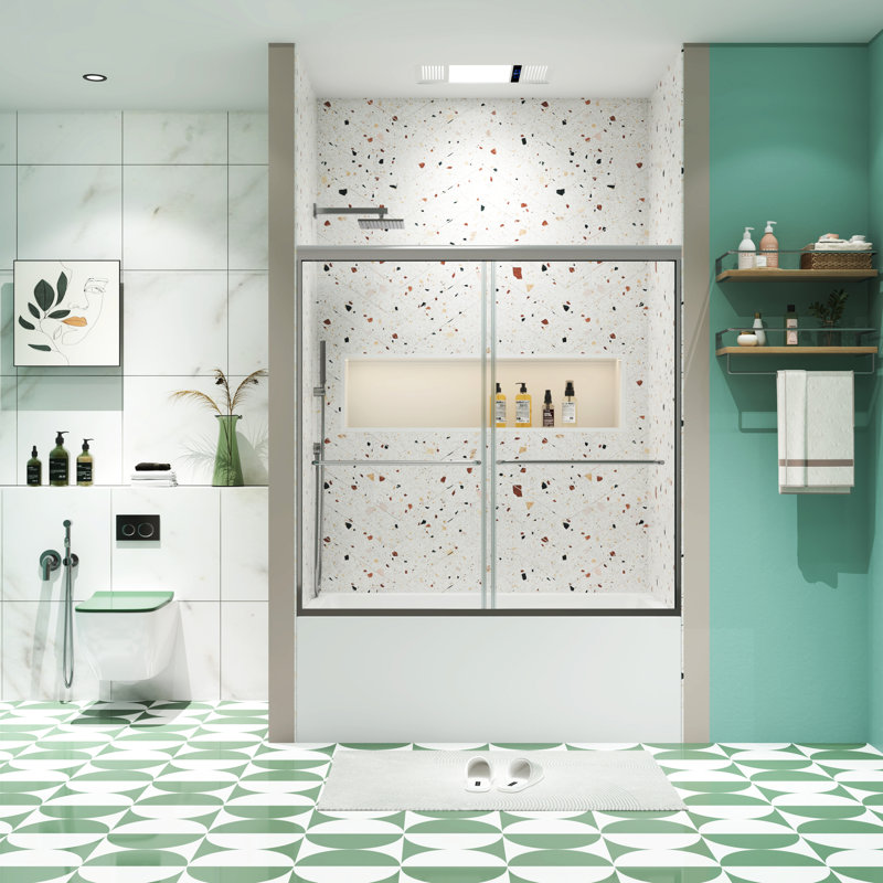 Bathroom Bypass Shower Door - 56-60"X58" 1/4" Tempered Glass, Finish, 36000 Times Open And Close Test, Easy Install Finish For Smooth Sliding System, Leak, Installation