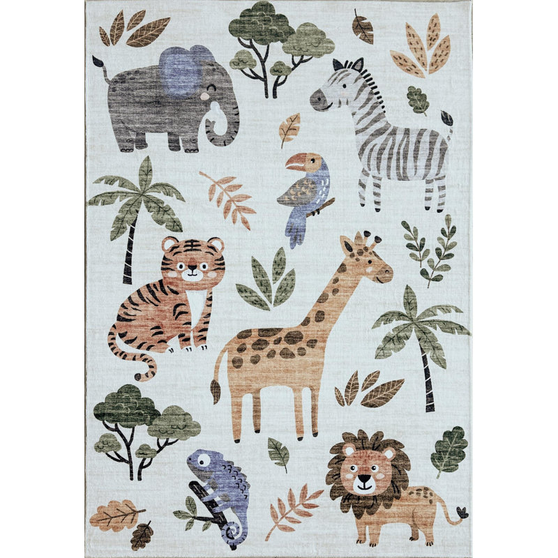 Tapis blanc / beige pour enfant 7 pi x 10 pi (6 pi 7 po x 9 pi 6 po) Jungle, Rectangle 6 pi 7 po x 9 pi 6 po