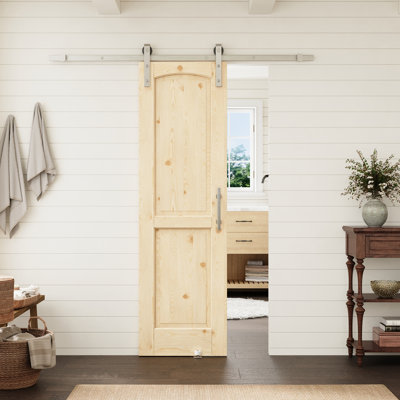 24"x80" 2-Panel Arch Top Pine Wood Interior Slab Door With Nickel Barn Door Hardware Kit Suitbale For Living Room, Pantry