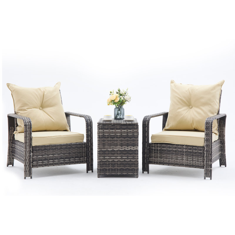 3-Piece Outdoor Rattan Furniture Set, Modern Patio Seating Group With Tufted Cushions And Storage Table, Beige