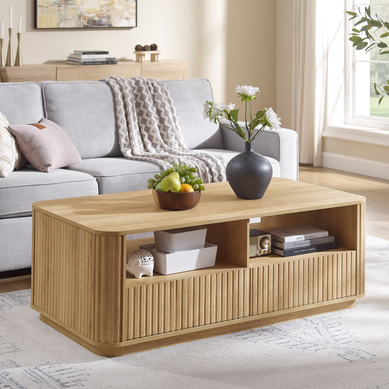 Table basse cannelée l 52 po avec tablette ouverte et 2 tiroirs, Natural Oak