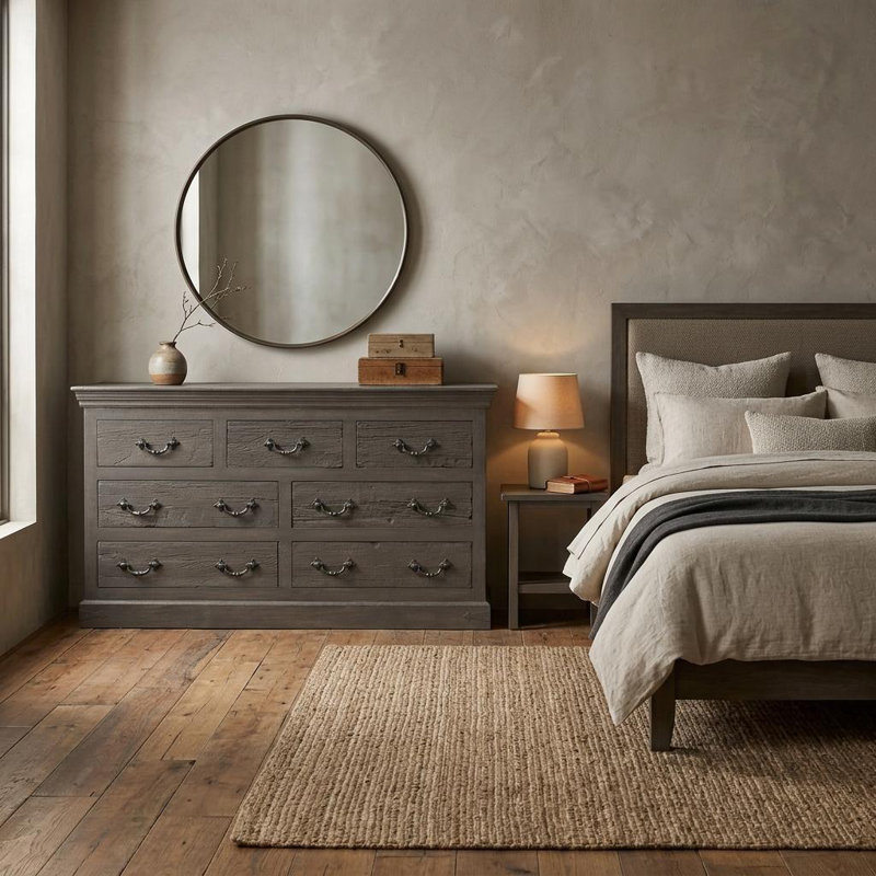 64" Gray Solid Wood Seven Drawer Double Dresser