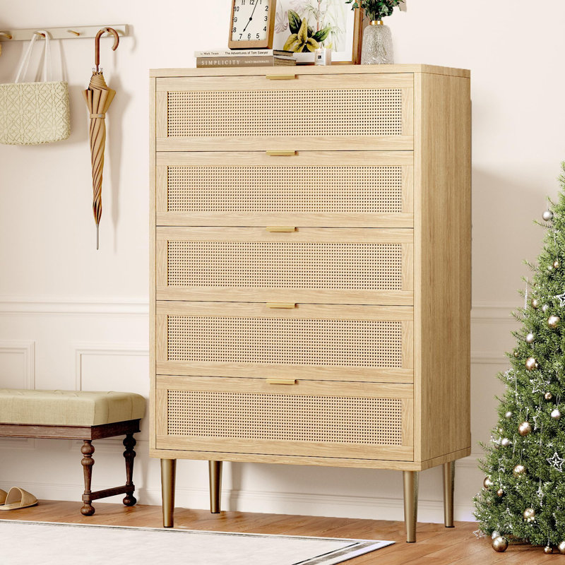 44" Rattan 5 Drawer Dresser, Modern Boho Wide Double Chest with Gold Legs & Handles and Large Tabletop, Brown