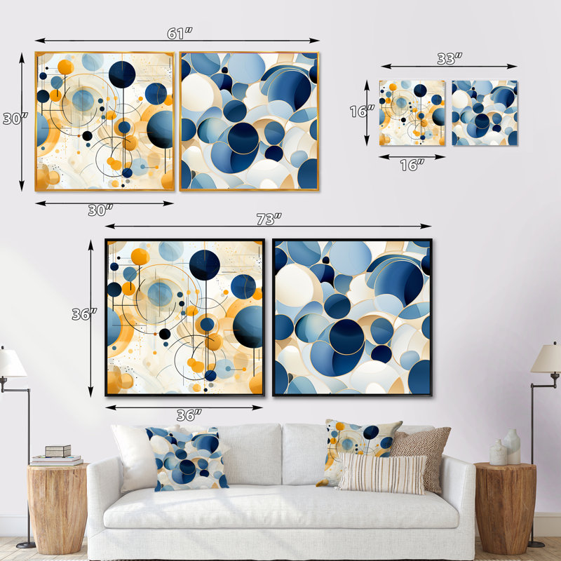 «Earthy Blue Cobalt» à motif géométrique - Formes abstraites, ensemble de 2 carrés, Cadre flottant doré, H 30 po x l 61 po