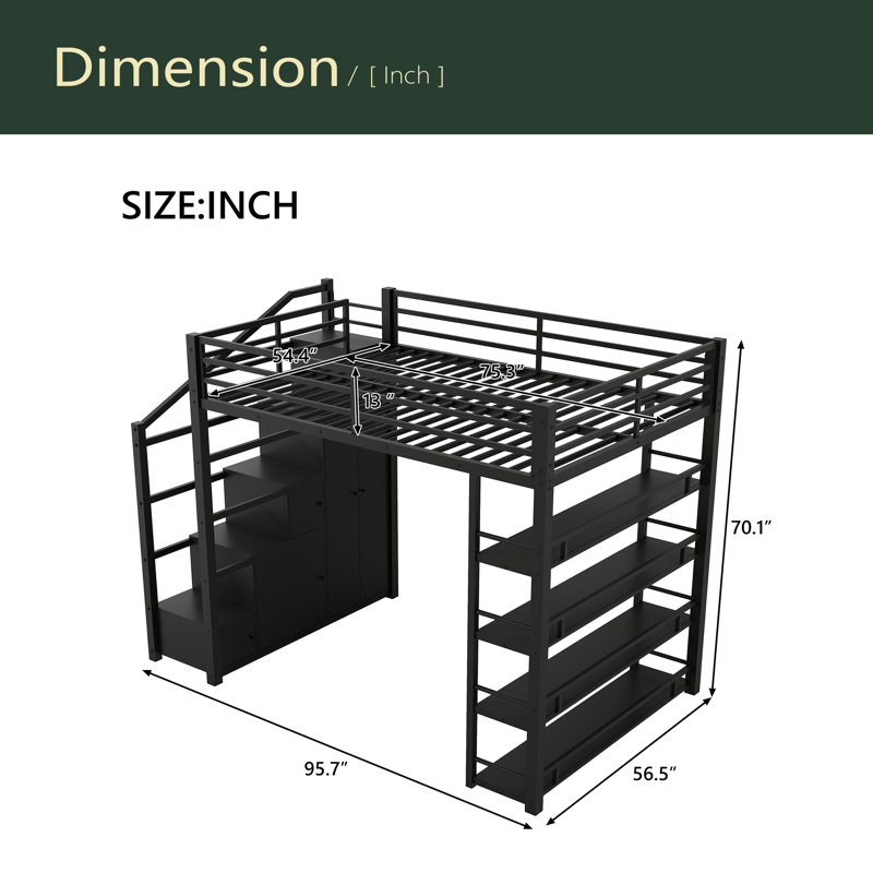 Lit mezzanine double en métal avec tablettes de rangement, armoires et garde-robe